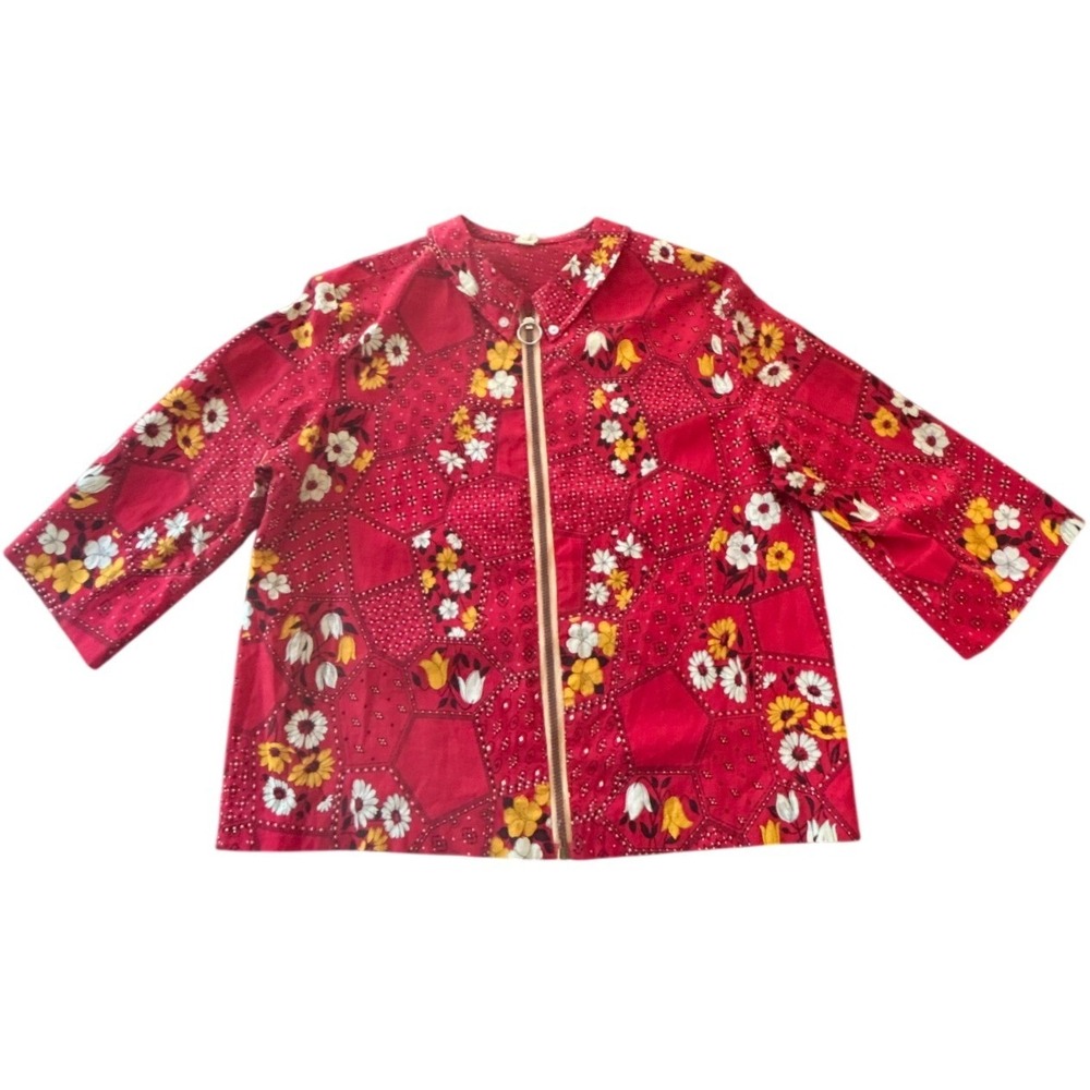 Vintage 60s 70s ILGWU Floral Patchwork Jacket Ring Zip Boho Hippie Bandana Retro